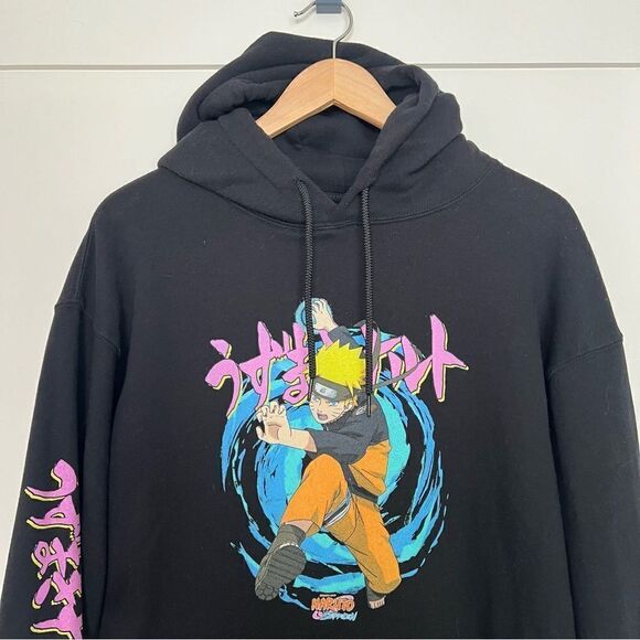 Naruto Shippuden Hoodie Sweatshirt Medium Black Fleece Drawstring Graphic Anime - Picture 2 of 11
